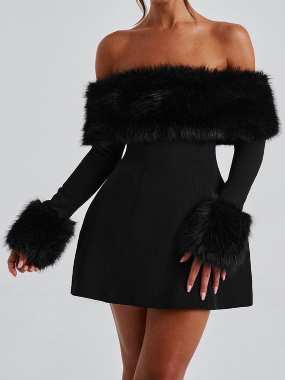 Babyboo Off-Shoulder Black Mini Dress with Faux-Fur Trim L